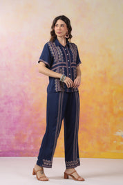 Women's Blue Embroidered Rayon Co-Ord Set