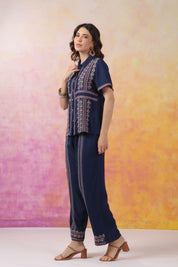 Women's Blue Embroidered Rayon Co-Ord Set
