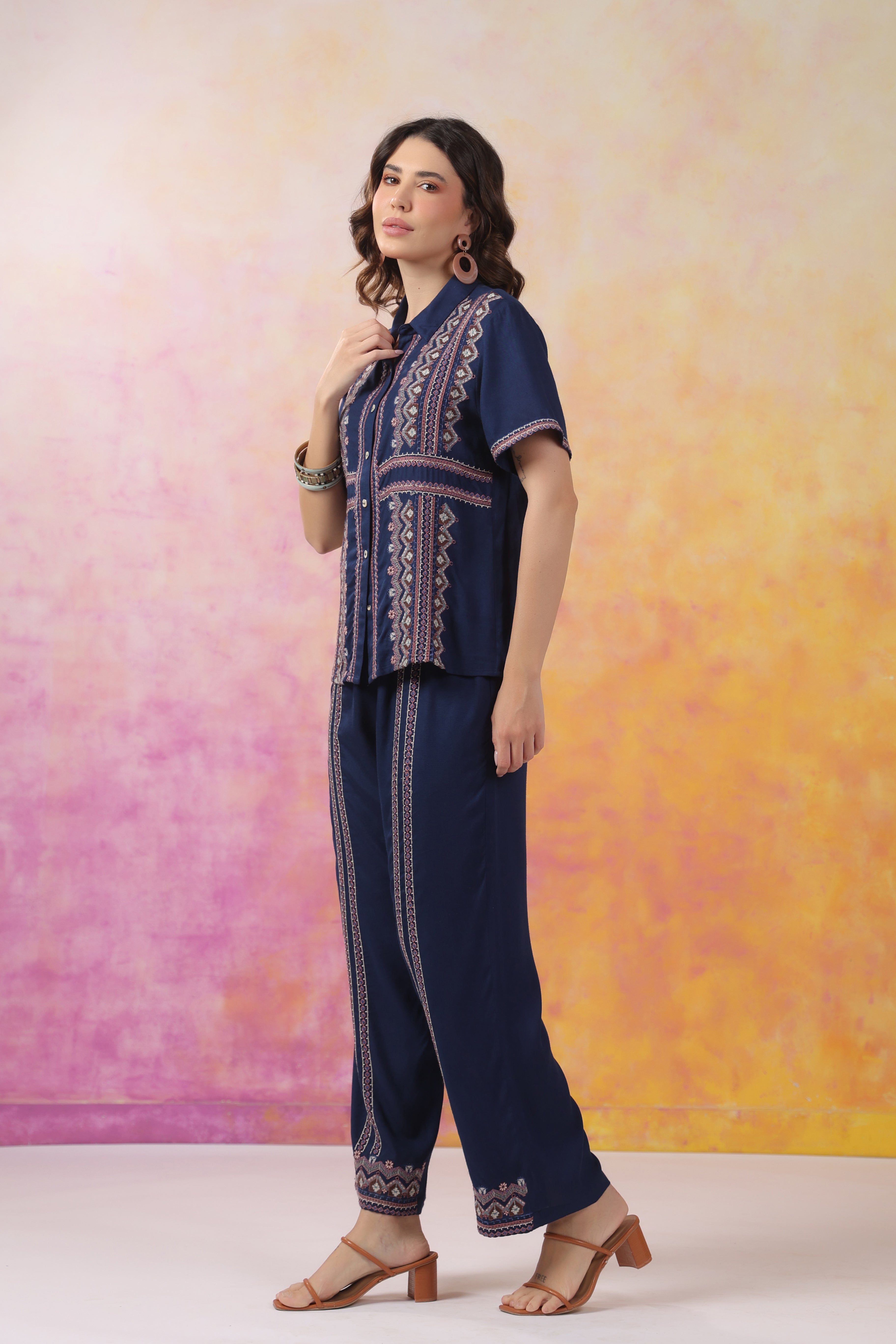Women's Blue Embroidered Rayon Co-Ord Set
