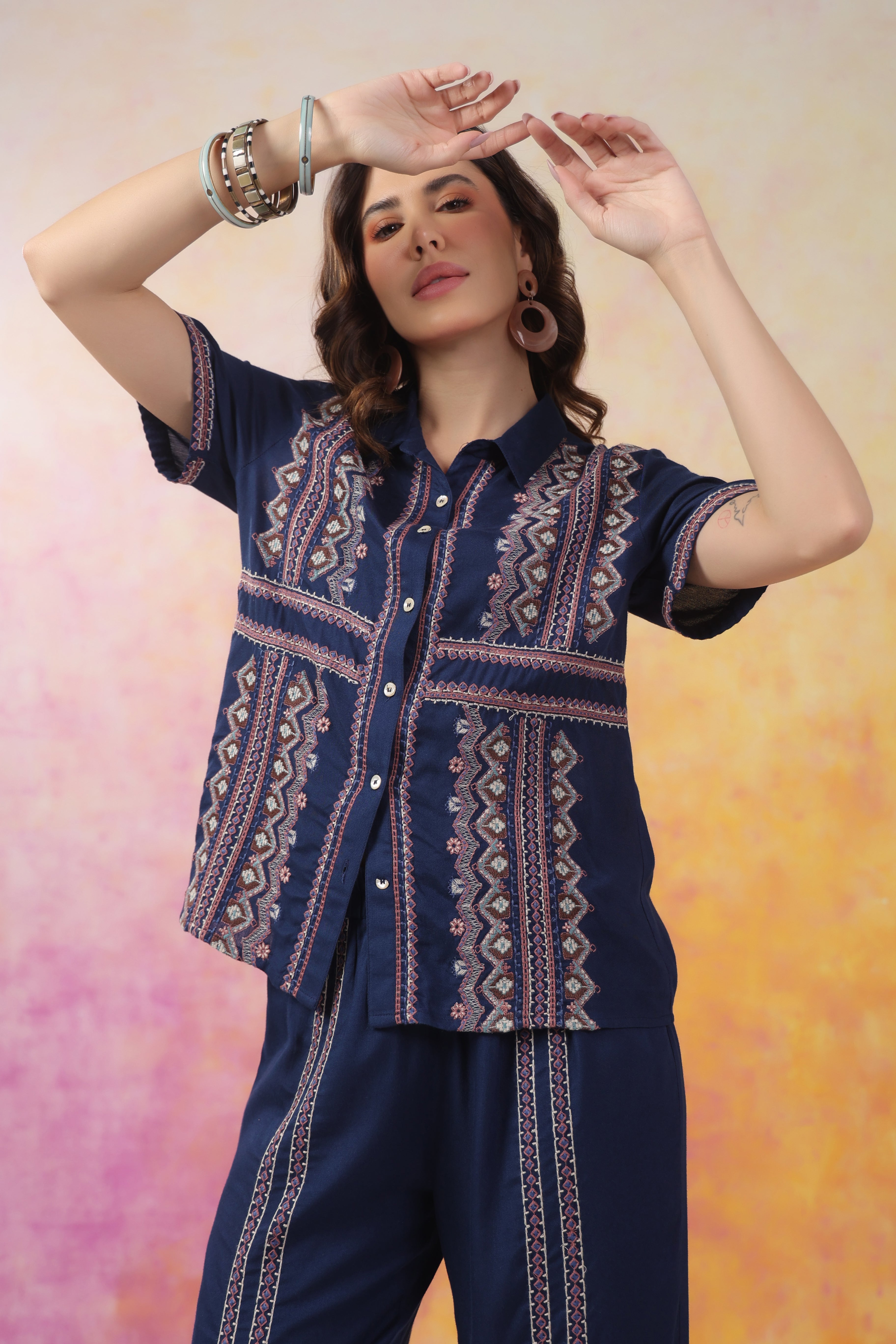 Women's Blue Embroidered Rayon Co-Ord Set