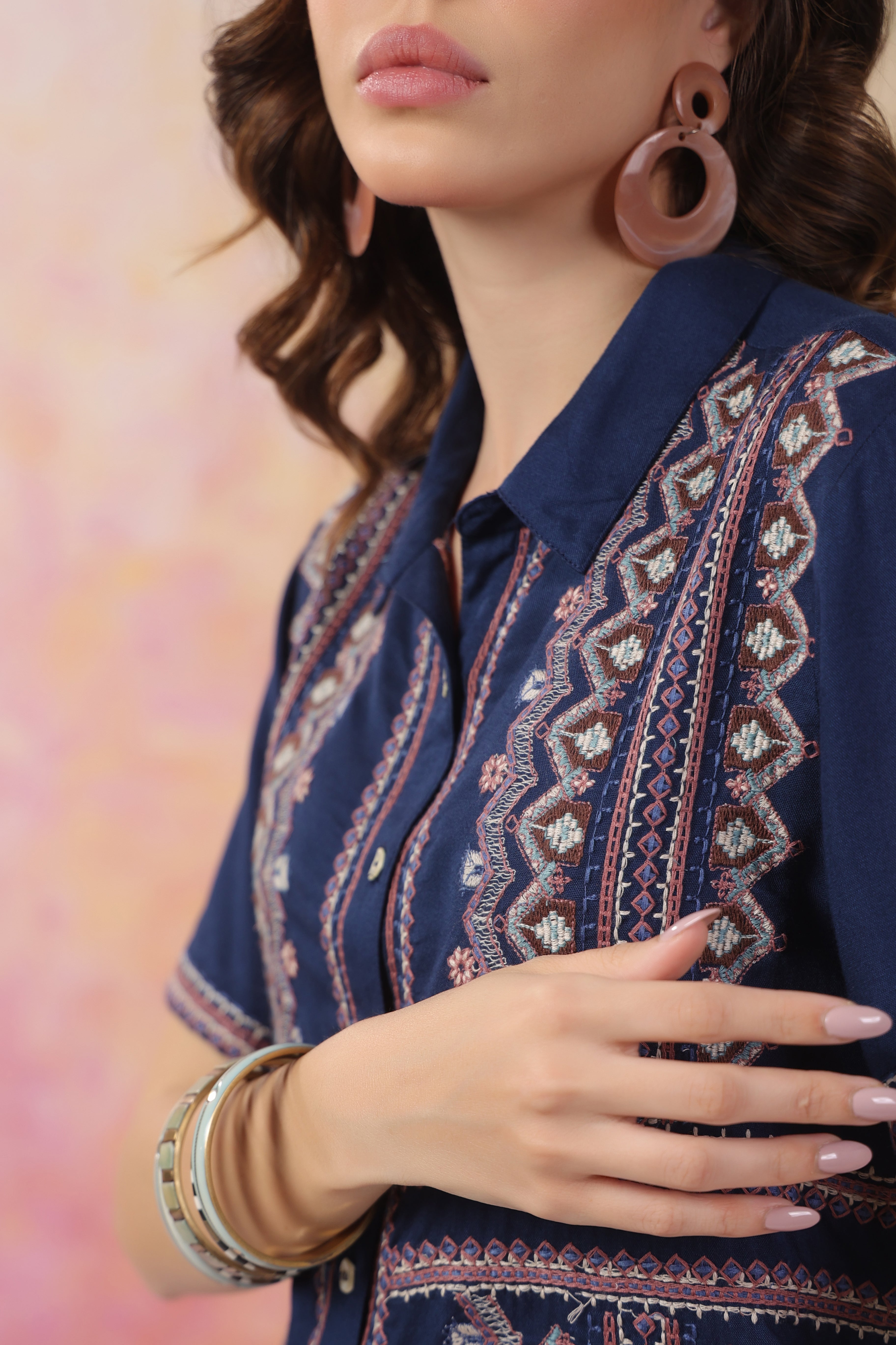 Women's Blue Embroidered Rayon Co-Ord Set