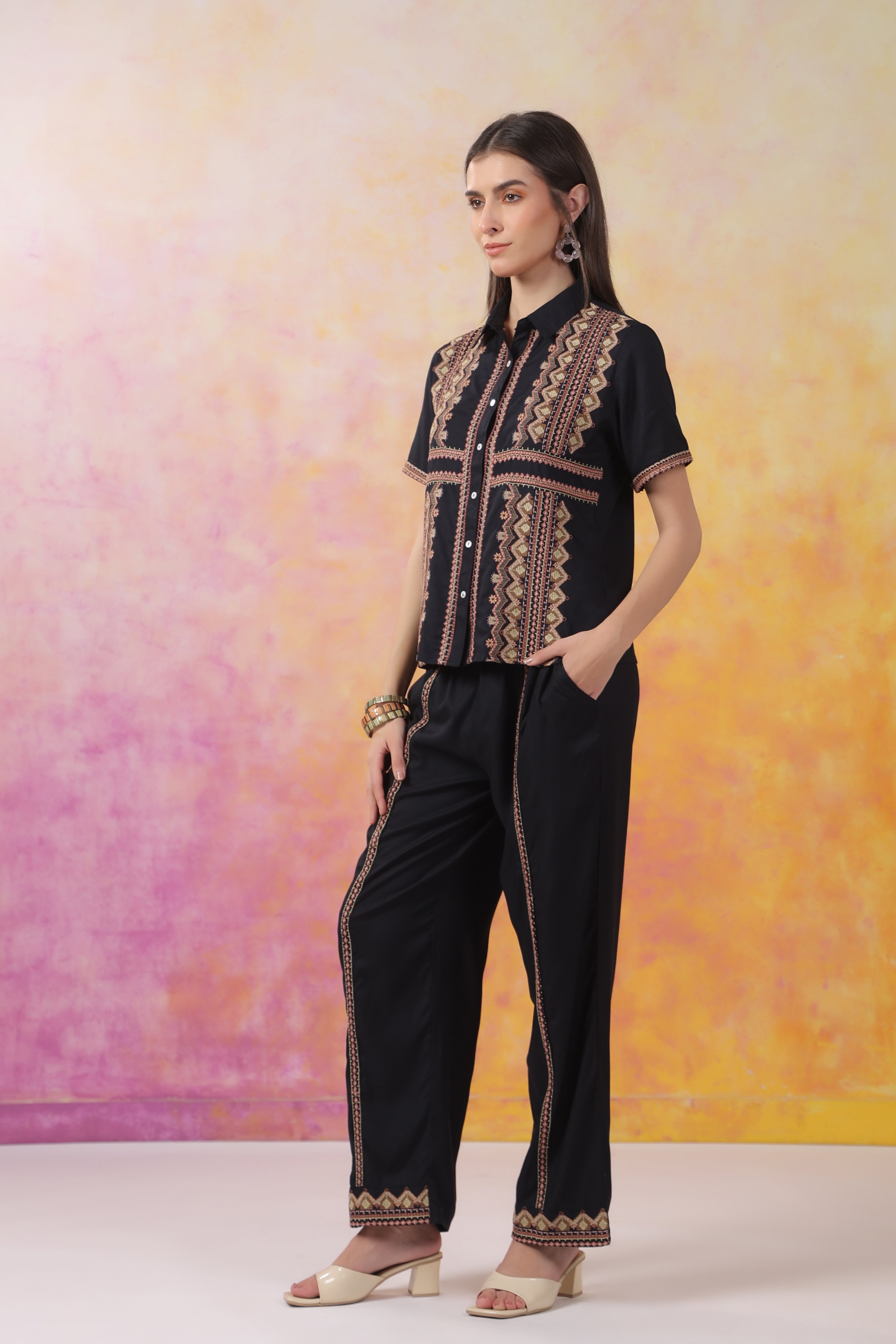 Women's Black Embroidered Rayon Co-Ord Set