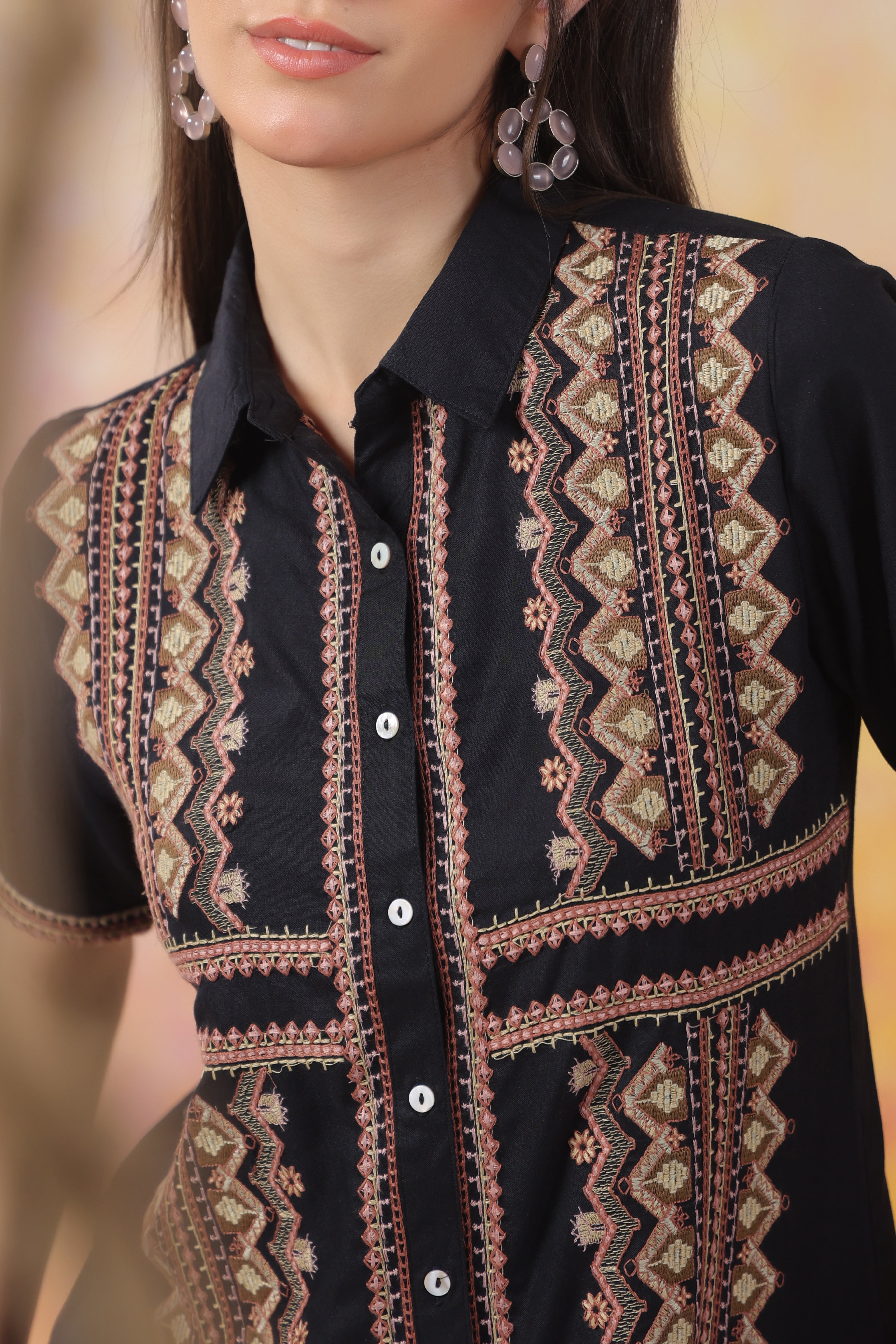 Women's Black Embroidered Rayon Co-Ord Set