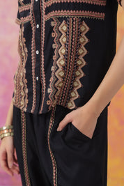 Women's Black Embroidered Rayon Co-Ord Set