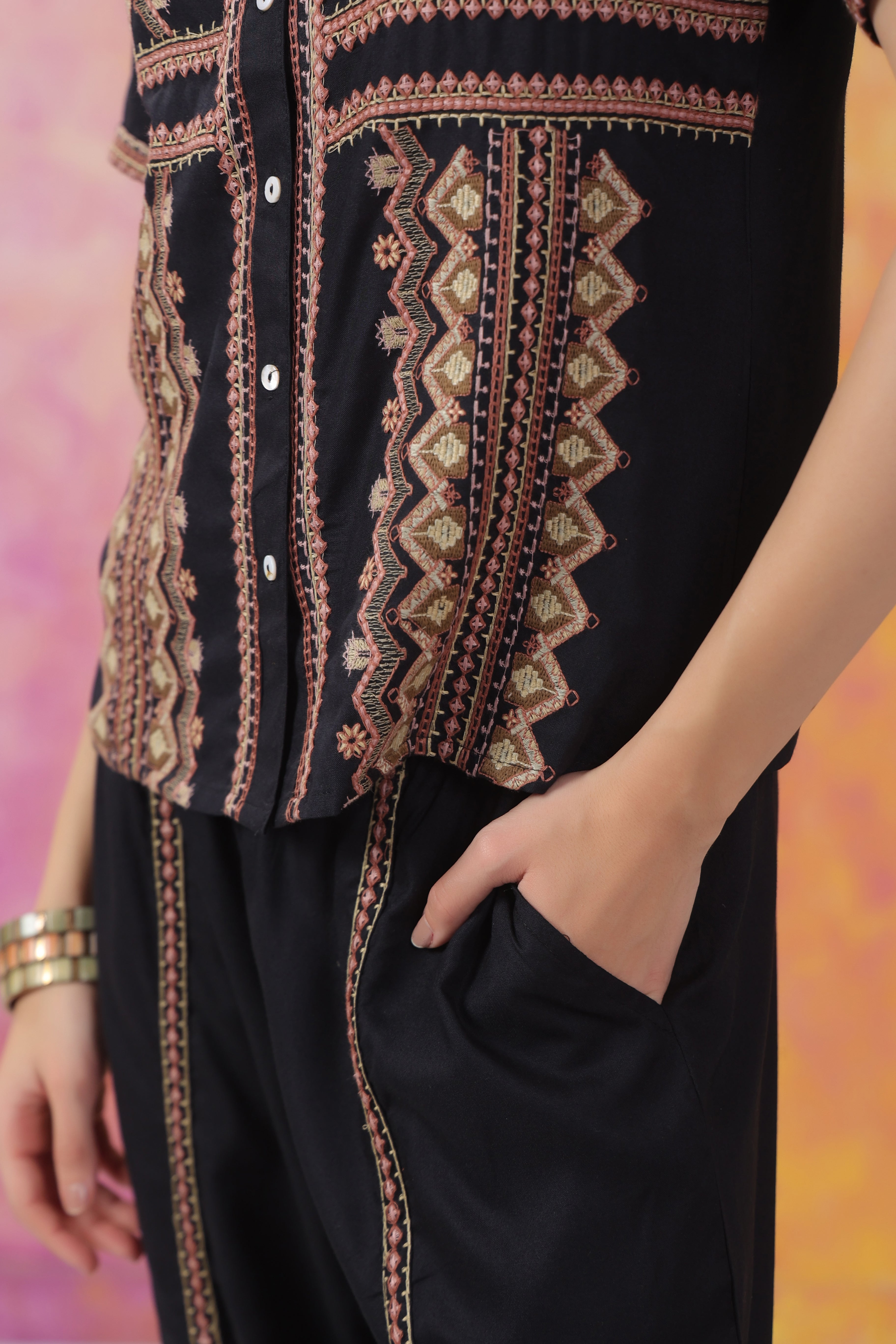 Women's Black Embroidered Rayon Co-Ord Set