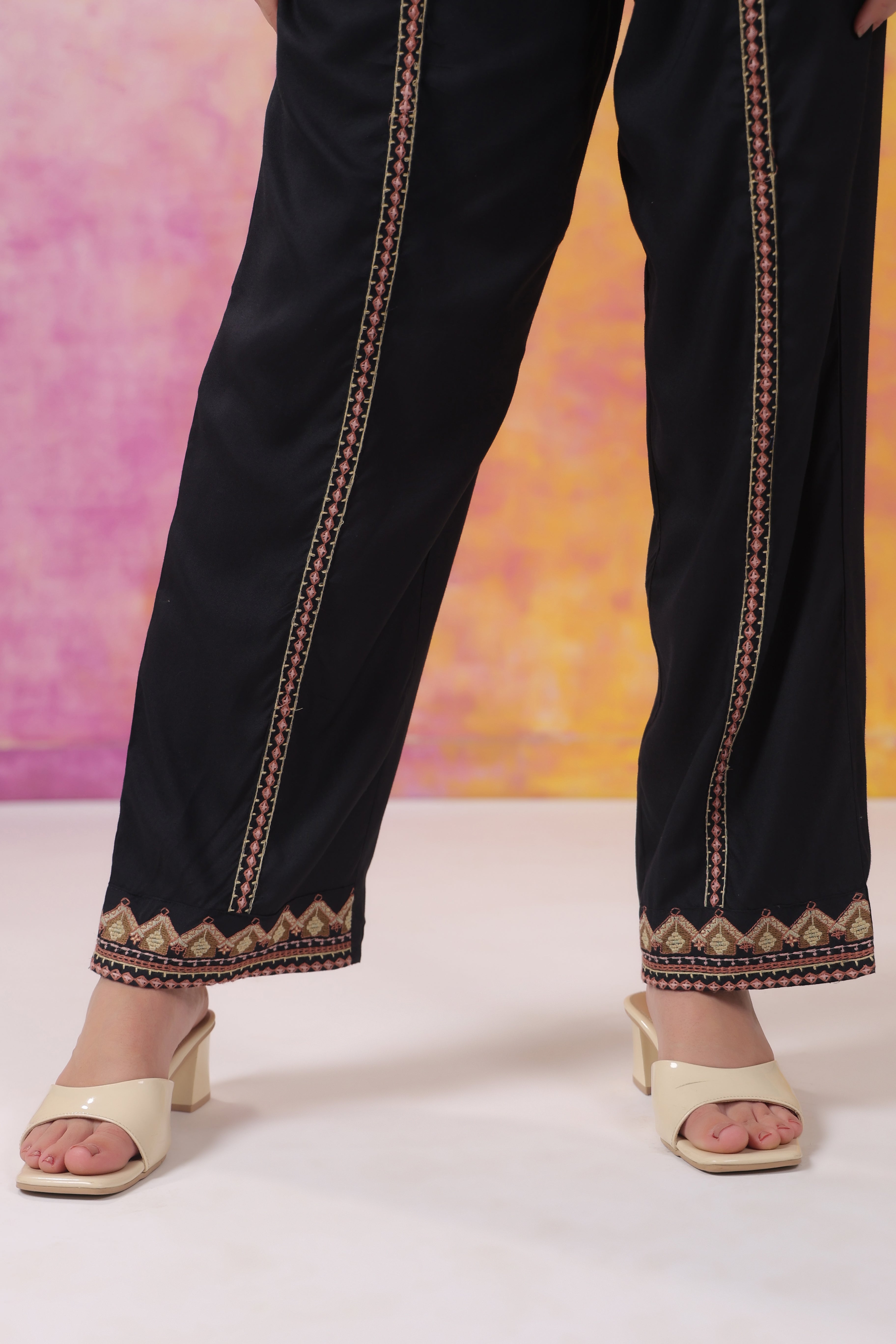 Women's Black Embroidered Rayon Co-Ord Set