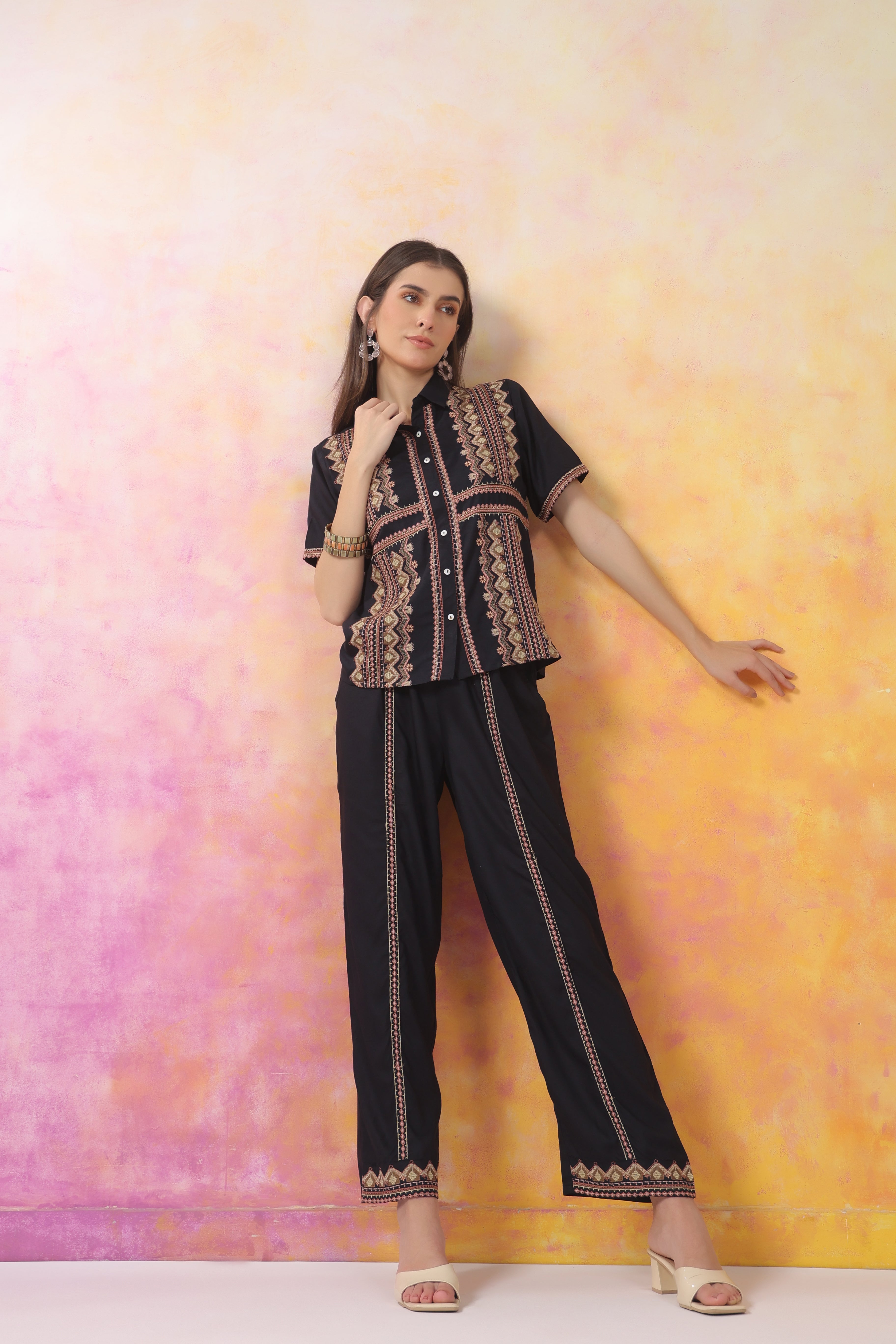 Women's Black Embroidered Rayon Co-Ord Set