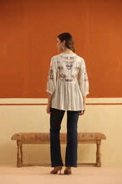 Ivory Embroidered Cotton Linen Gathered Top for Women