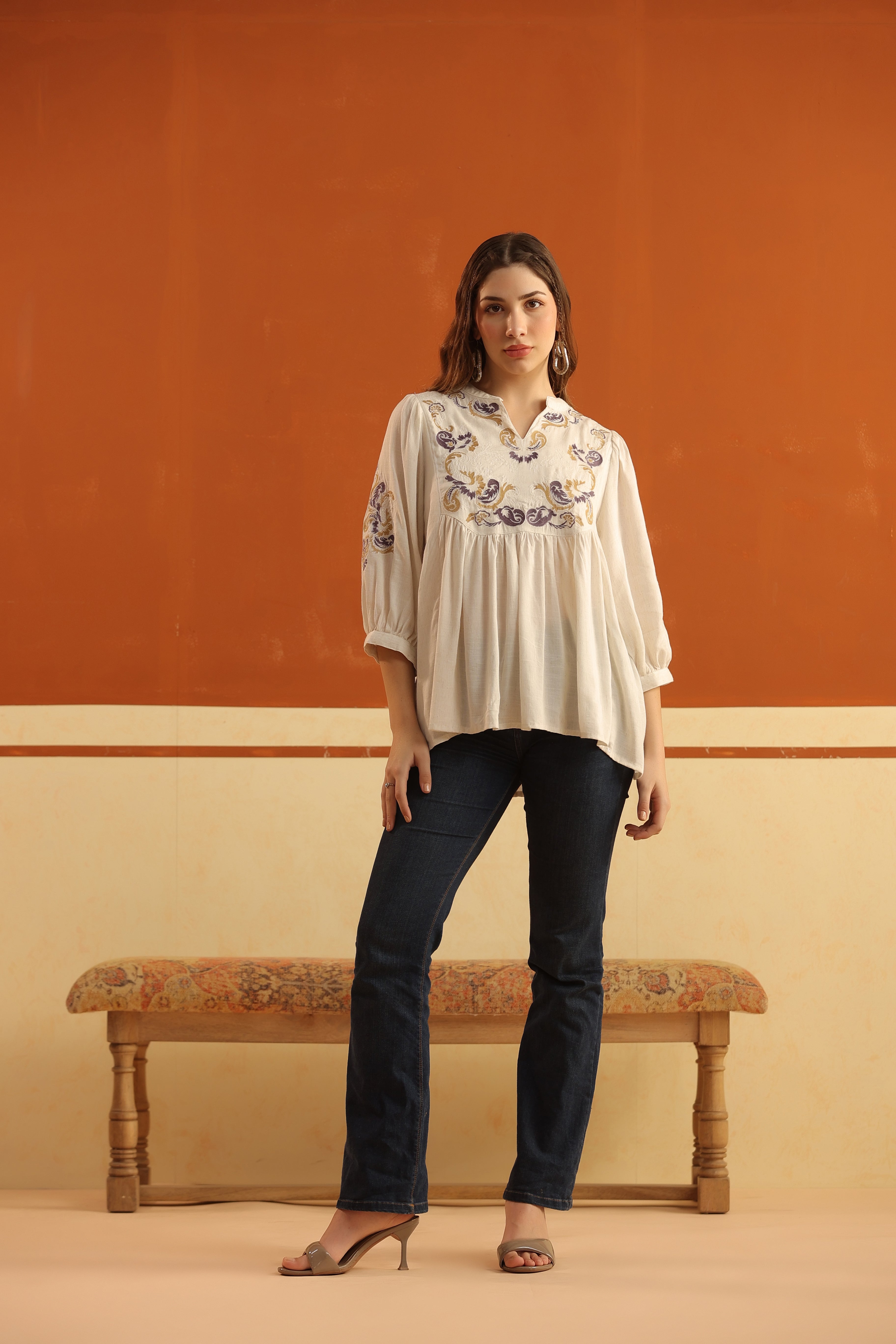 Ivory Embroidered Cotton Linen Gathered Top for Women