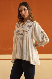 Ivory Embroidered Cotton Linen Gathered Top for Women