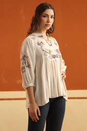 Ivory Embroidered Cotton Linen Gathered Top for Women