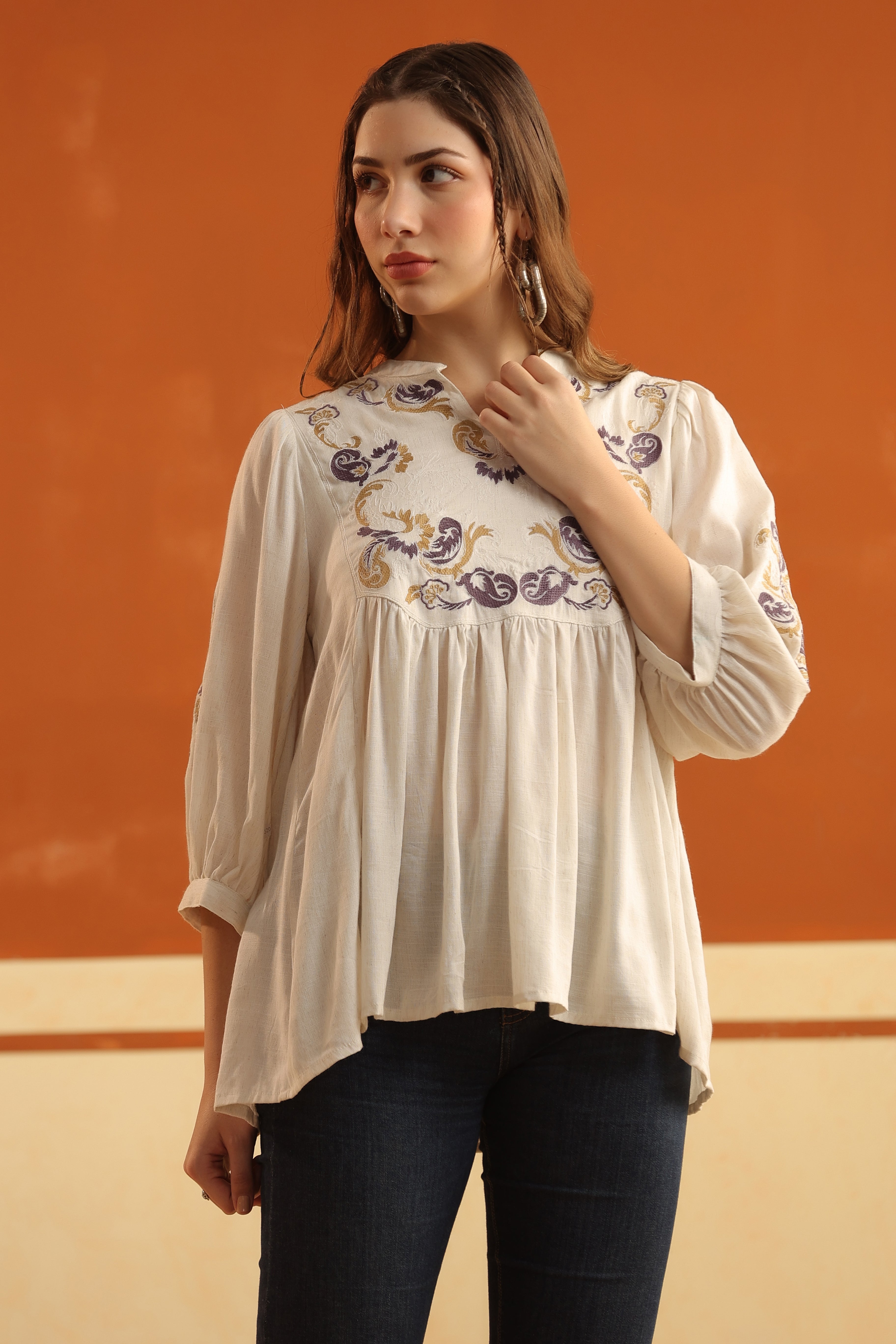 Ivory Embroidered Cotton Linen Gathered Top for Women