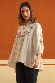Ivory Embroidered Cotton Linen Gathered Top for Women