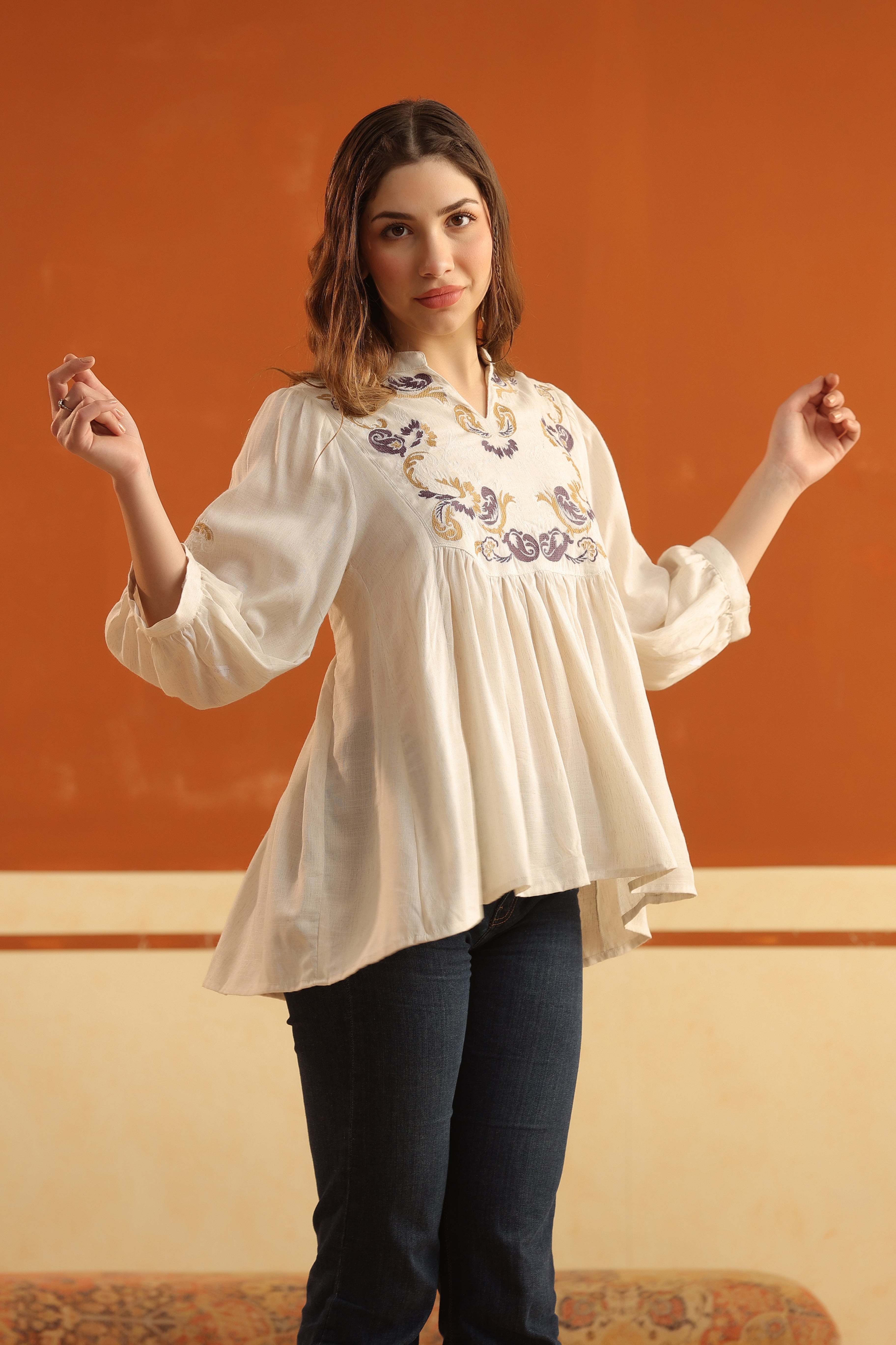 Ivory Embroidered Cotton Linen Gathered Top for Women