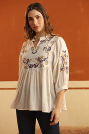 Ivory Embroidered Cotton Linen Gathered Top for Women