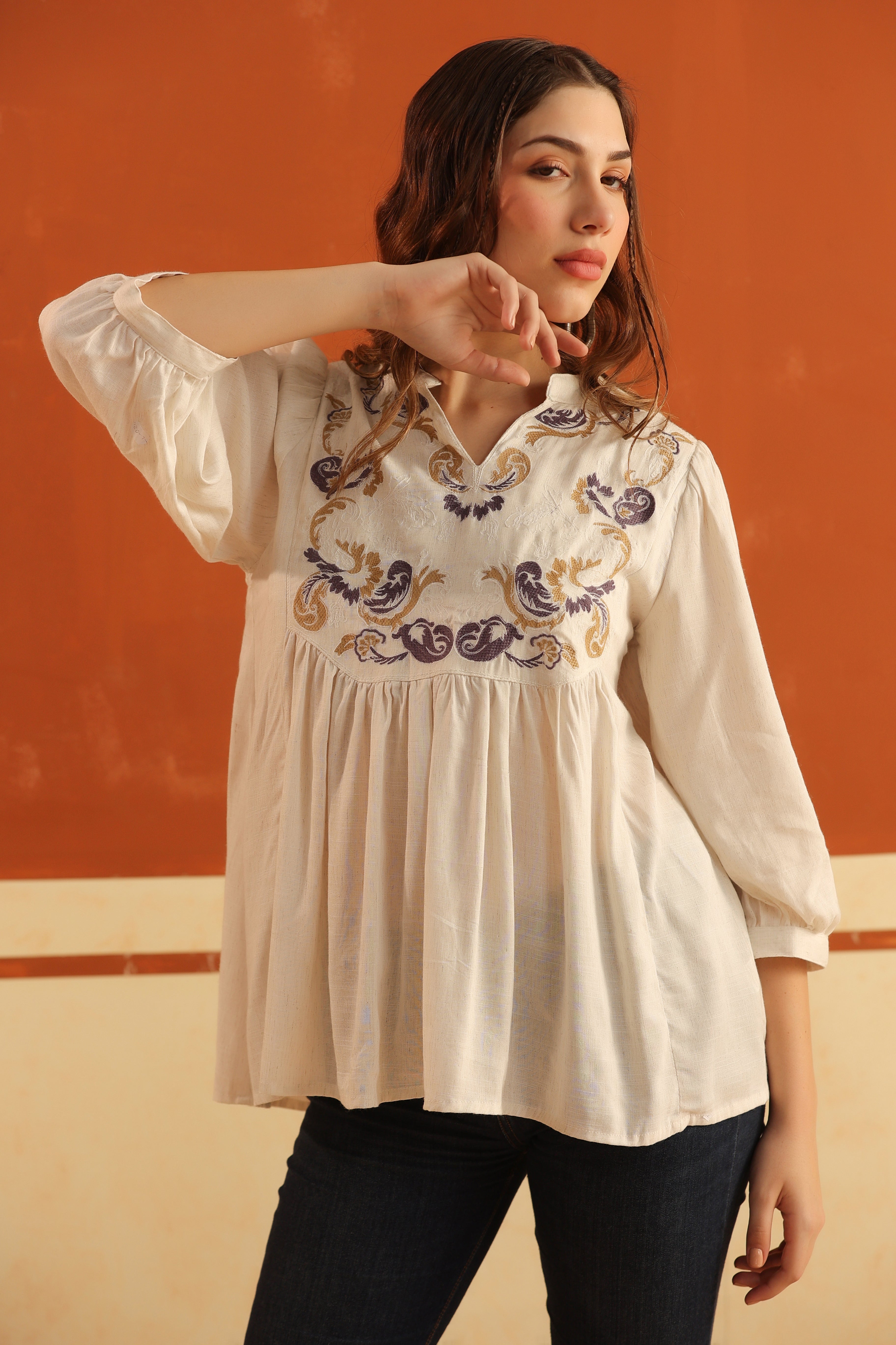 Ivory Embroidered Cotton Linen Gathered Top for Women
