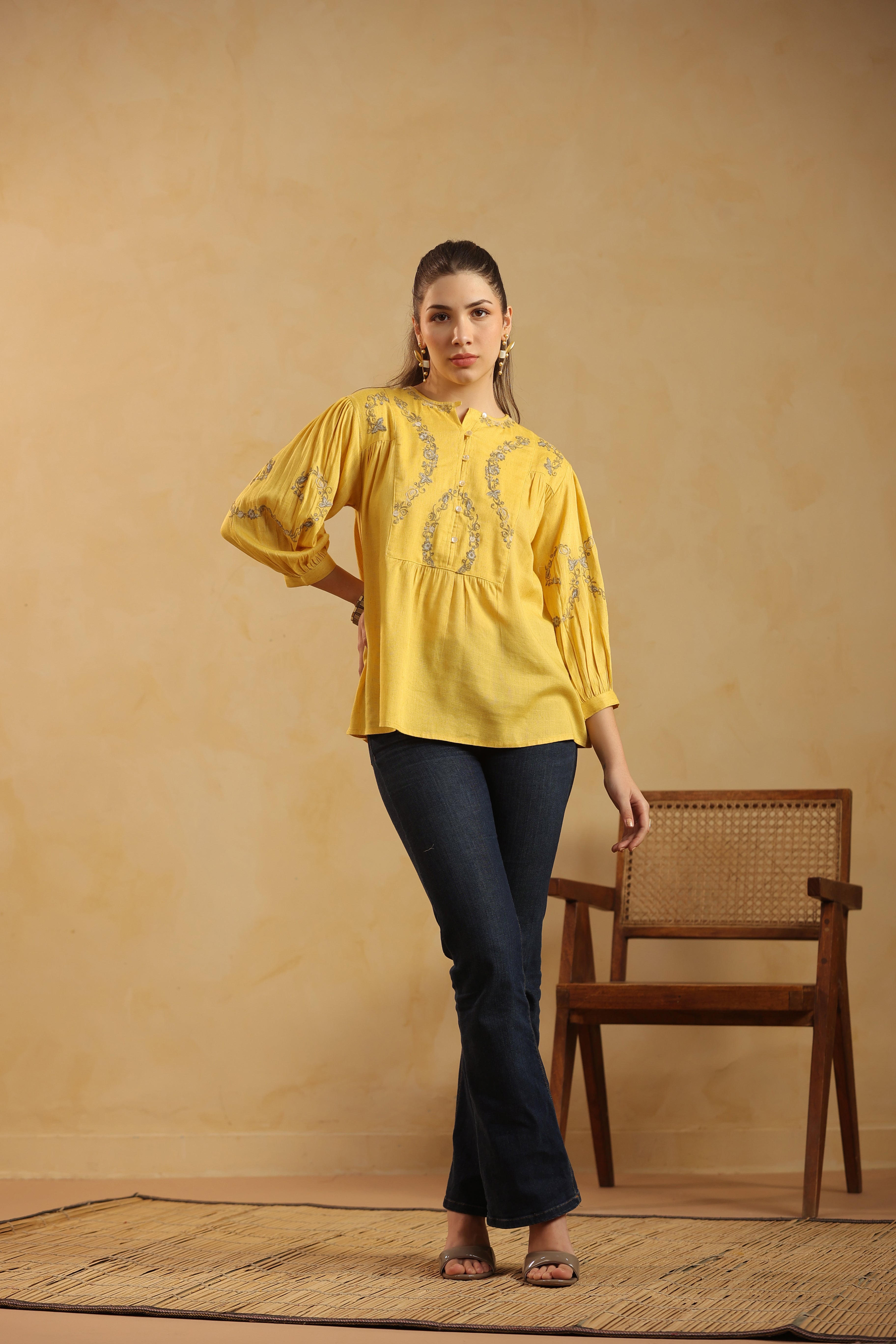 Mustard Embroidered Cotton Linen Gathered Top for Women