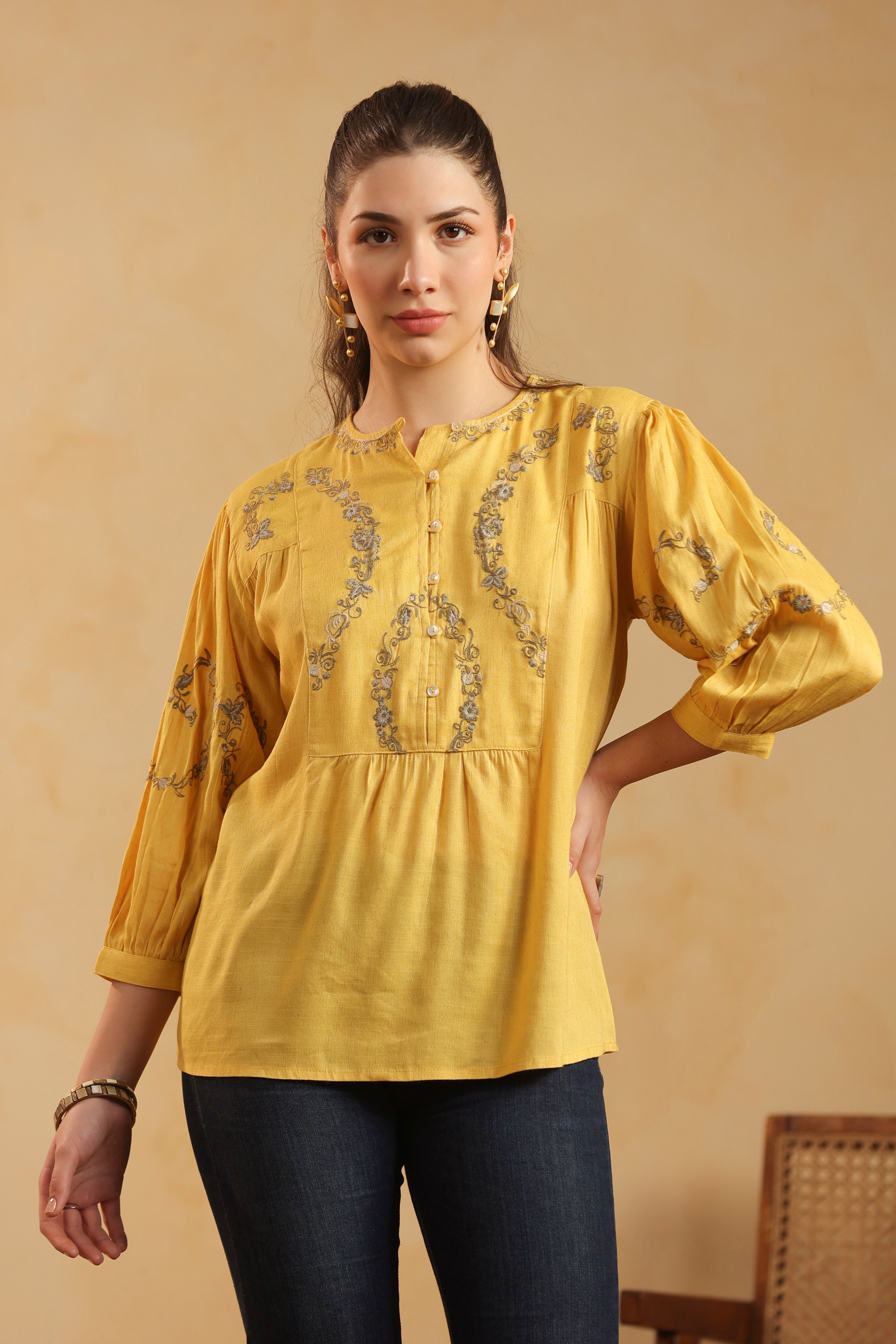 Mustard Embroidered Cotton Linen Gathered Top for Women