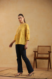 Mustard Embroidered Cotton Linen Gathered Top for Women