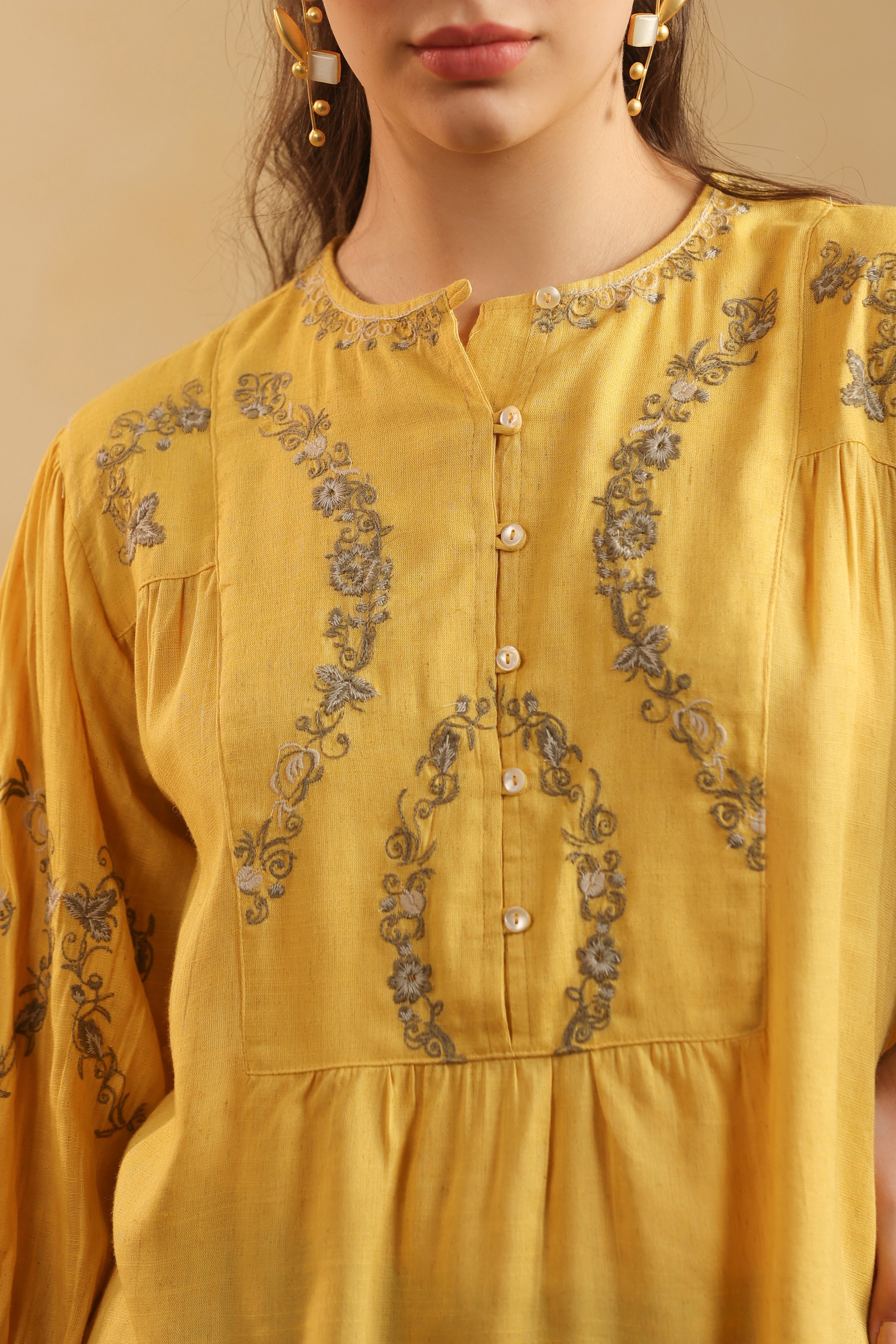 Mustard Embroidered Cotton Linen Gathered Top for Women