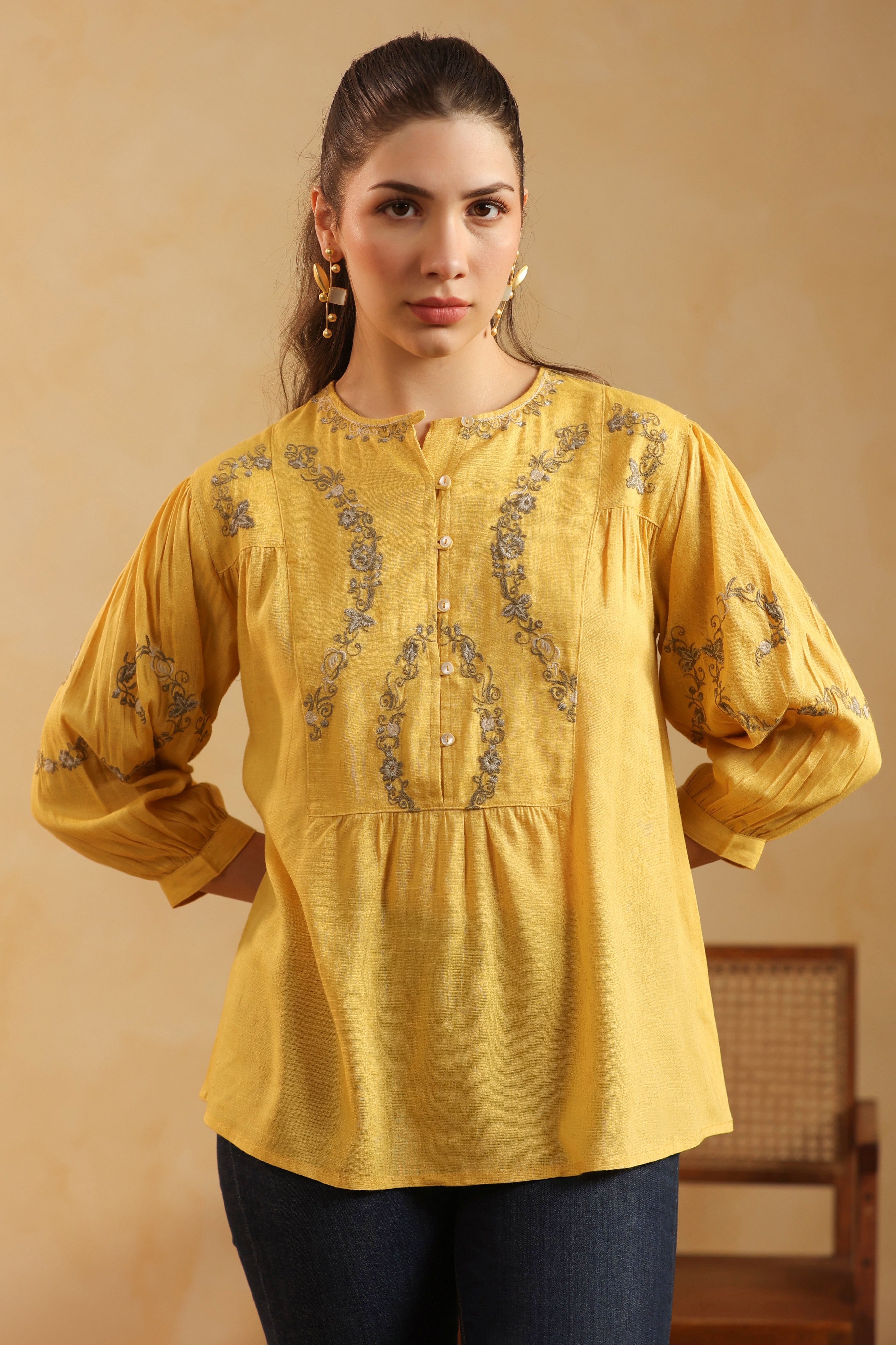 Mustard Embroidered Cotton Linen Gathered Top for Women