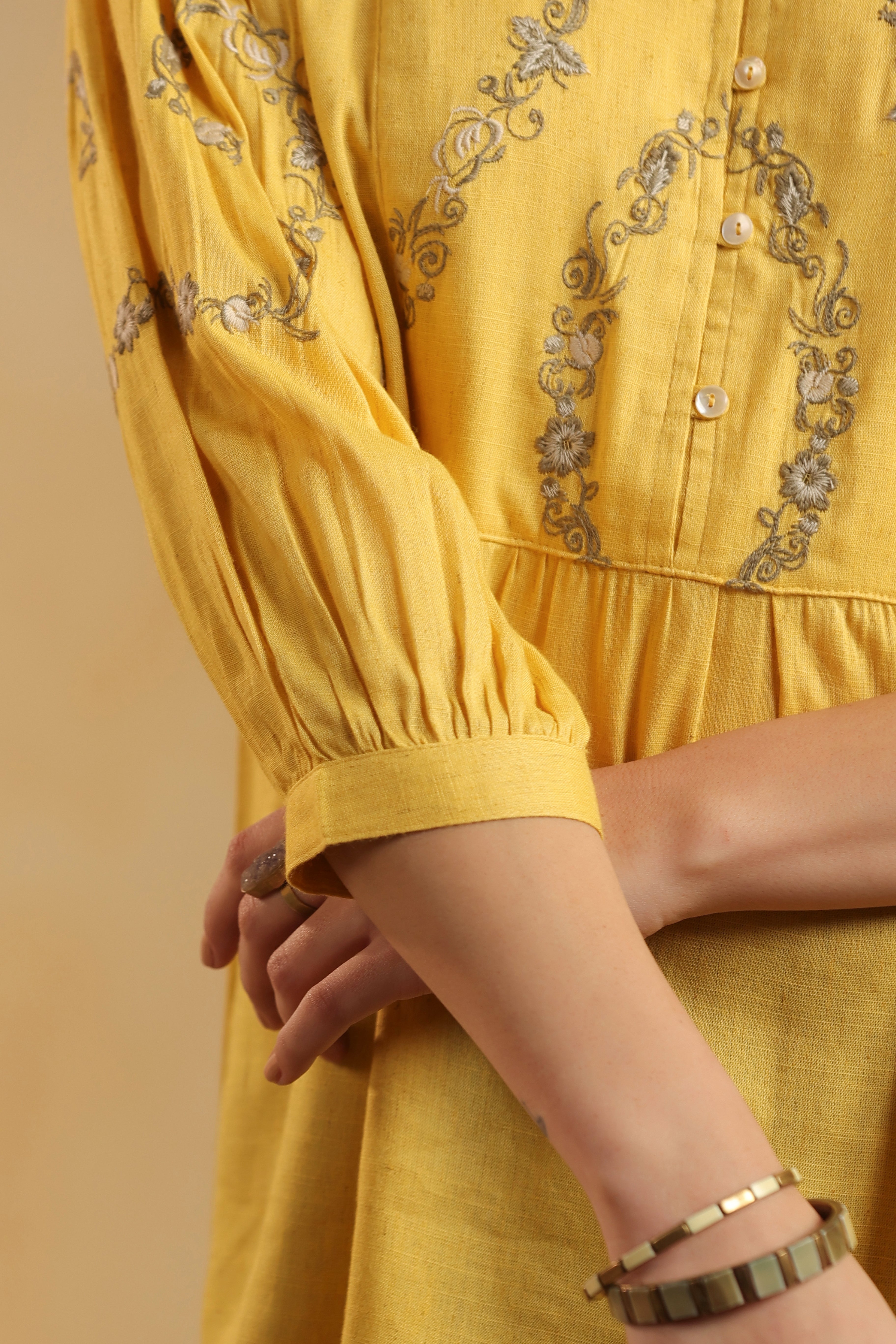 Mustard Embroidered Cotton Linen Gathered Top for Women