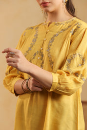 Mustard Embroidered Cotton Linen Gathered Top for Women