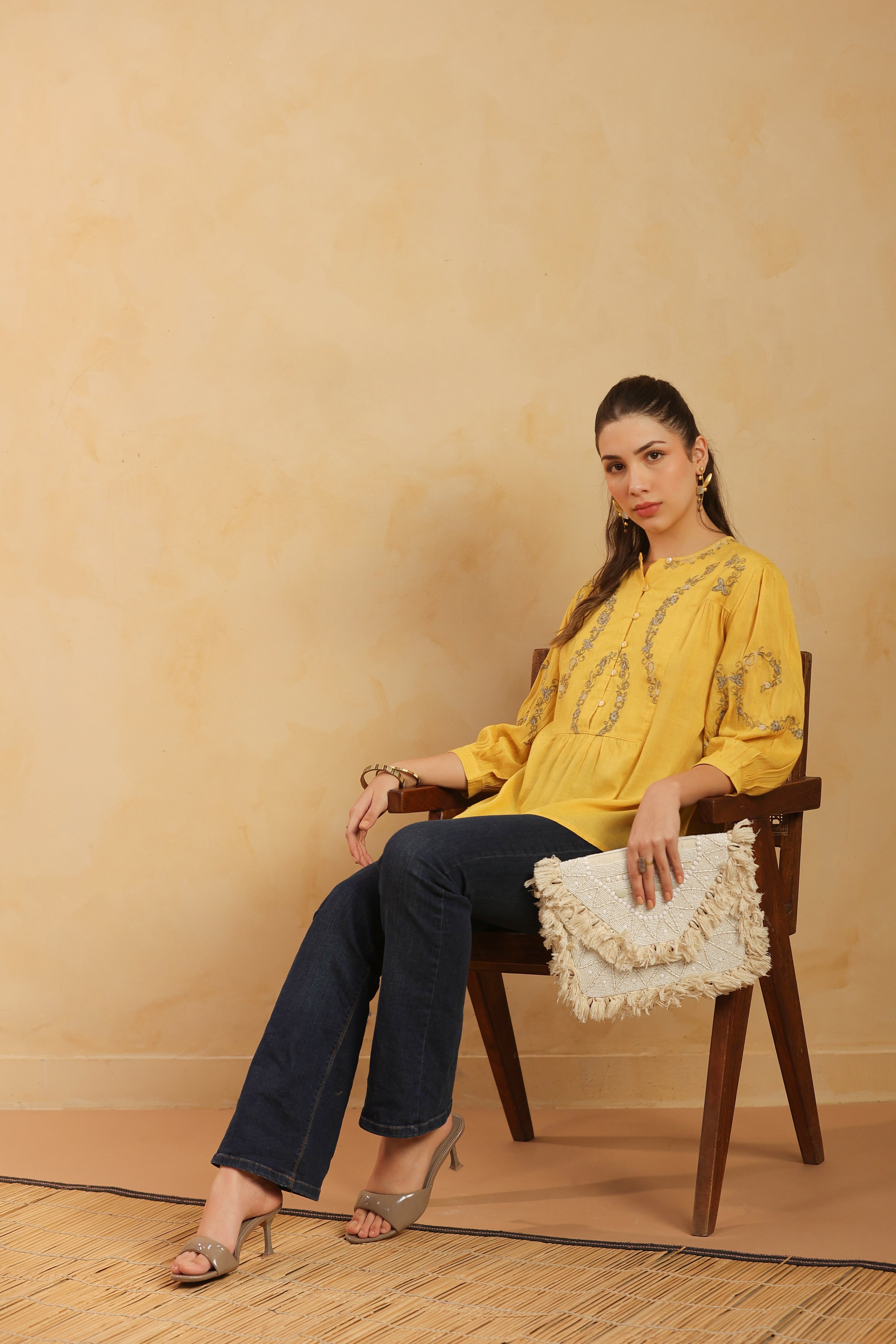 Mustard Embroidered Cotton Linen Gathered Top for Women