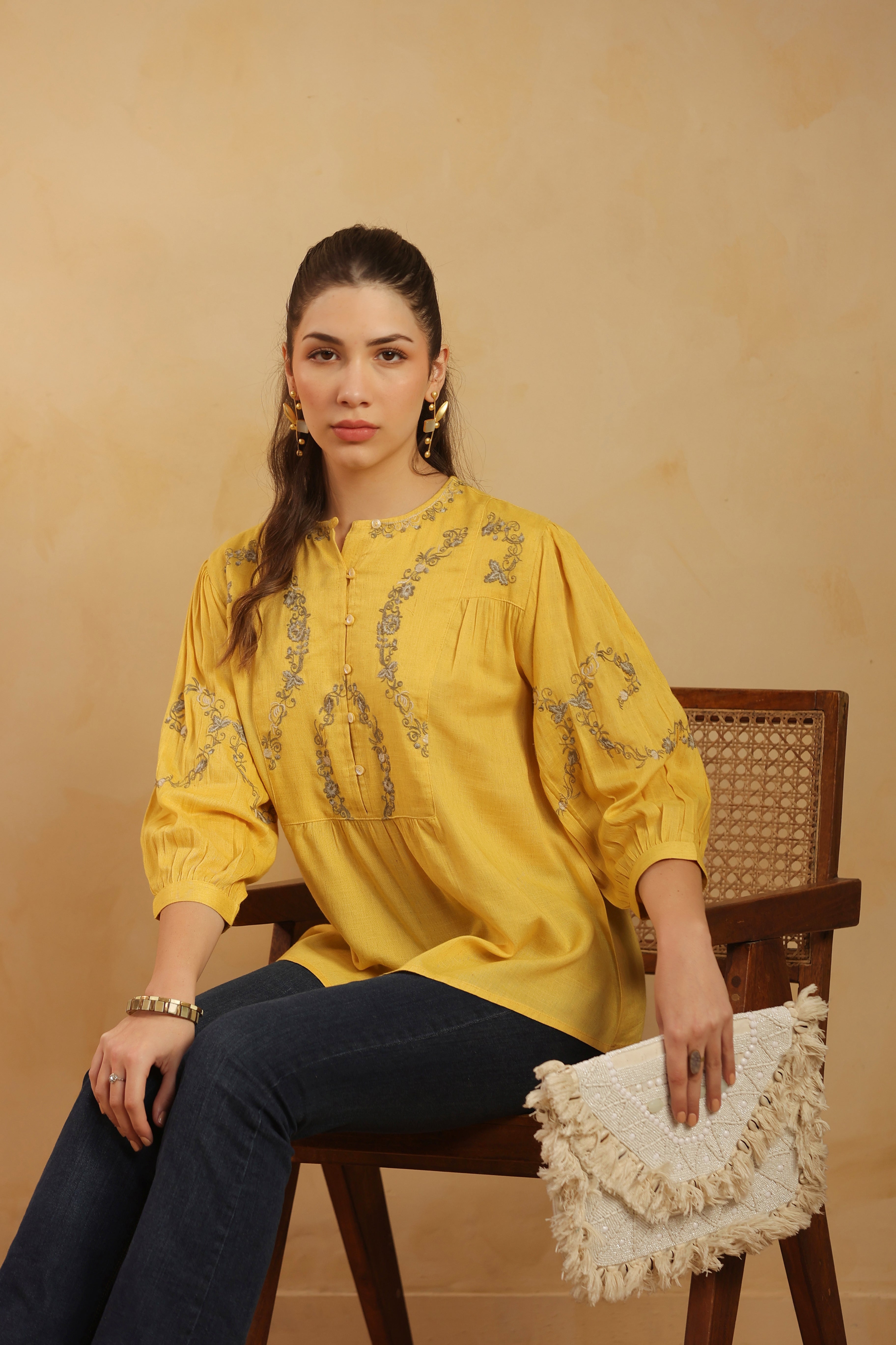 Mustard Embroidered Cotton Linen Gathered Top for Women