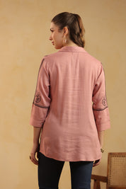 Dusty Pink Embroidered Cotton Linen Shirt Style Top for Women