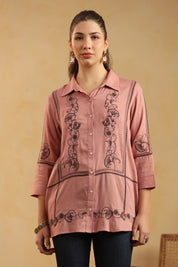 Dusty Pink Embroidered Cotton Linen Shirt Style Top for Women