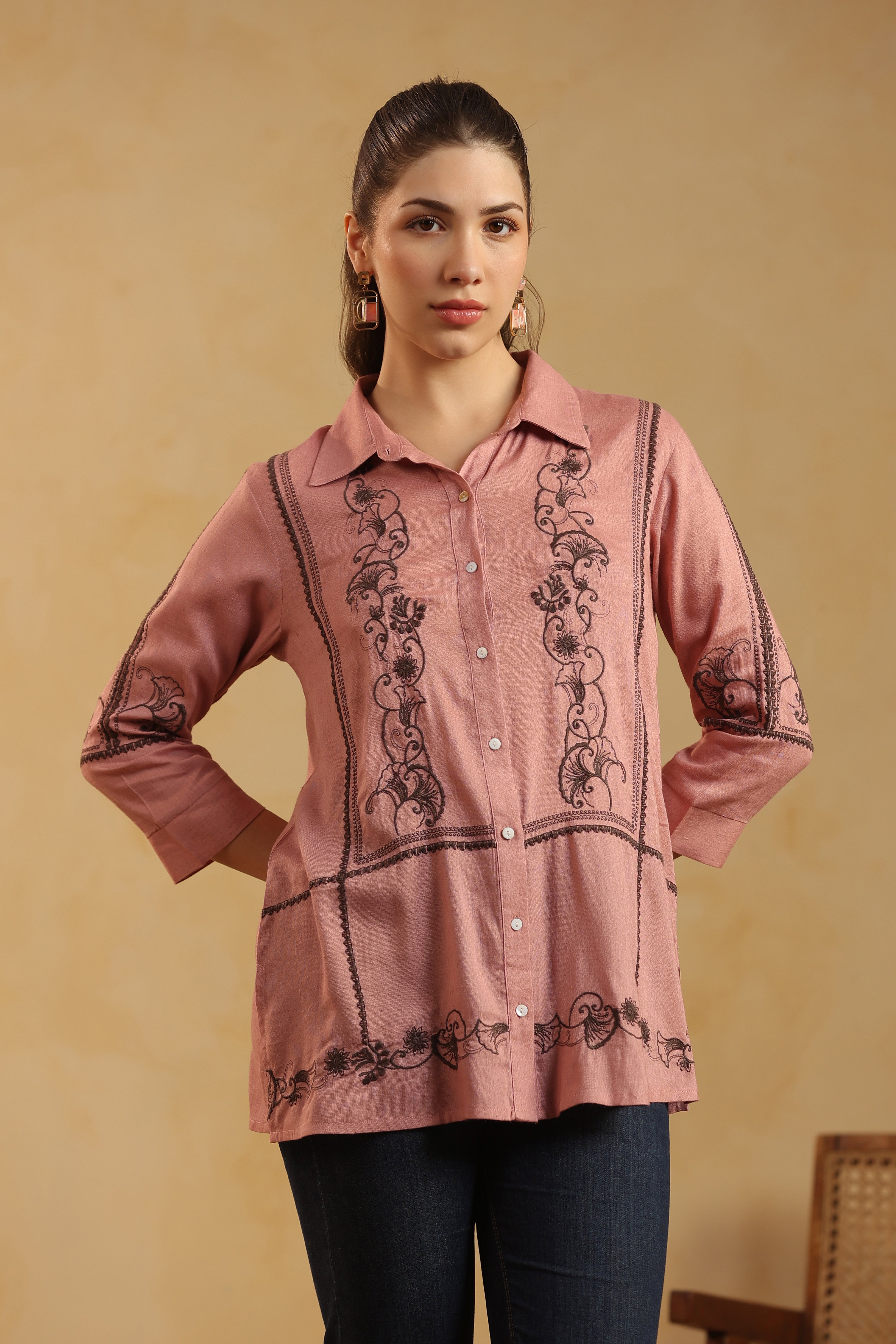 Dusty Pink Embroidered Cotton Linen Shirt Style Top for Women