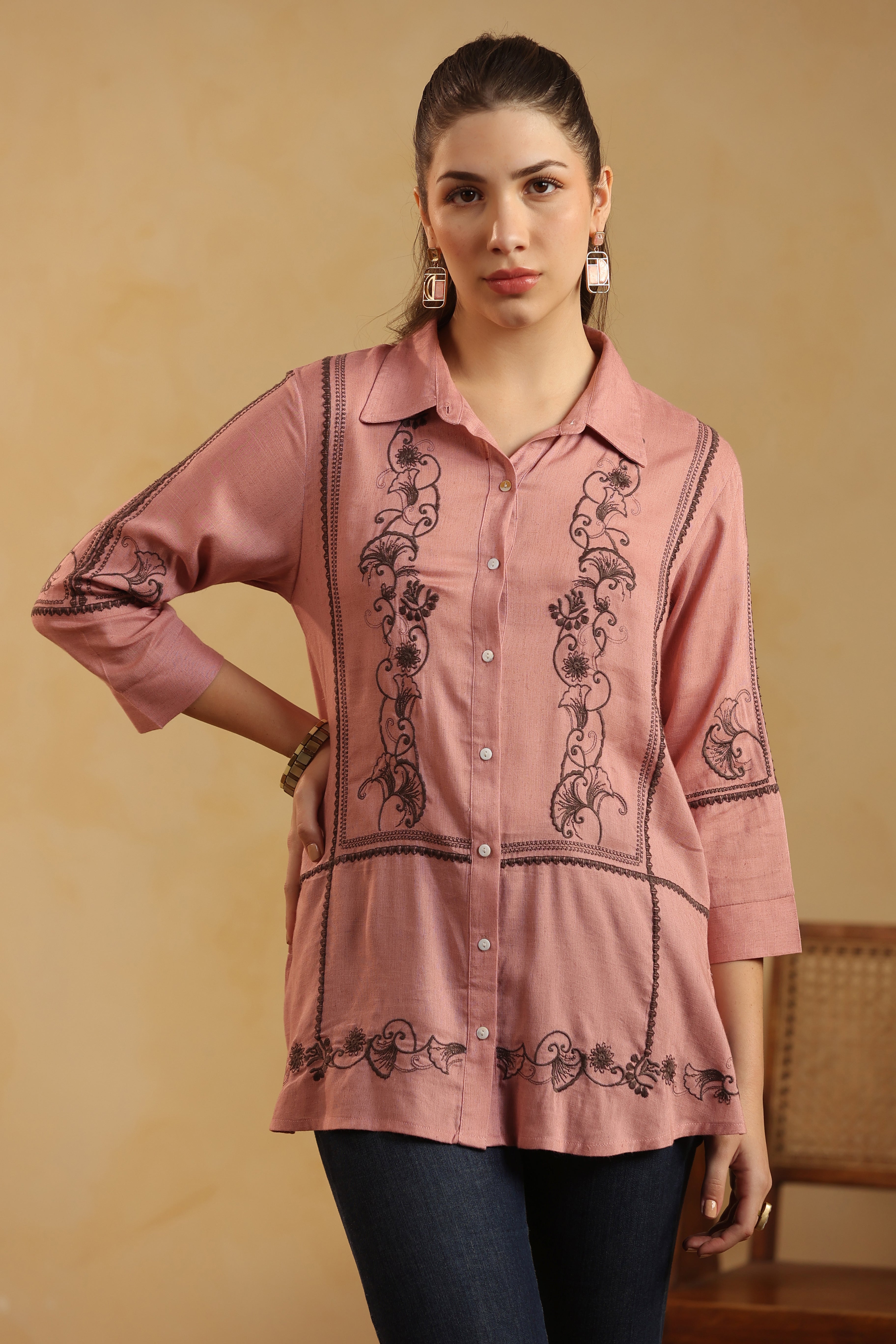 Dusty Pink Embroidered Cotton Linen Shirt Style Top for Women