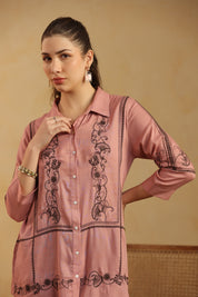 Dusty Pink Embroidered Cotton Linen Shirt Style Top for Women