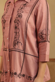 Dusty Pink Embroidered Cotton Linen Shirt Style Top for Women