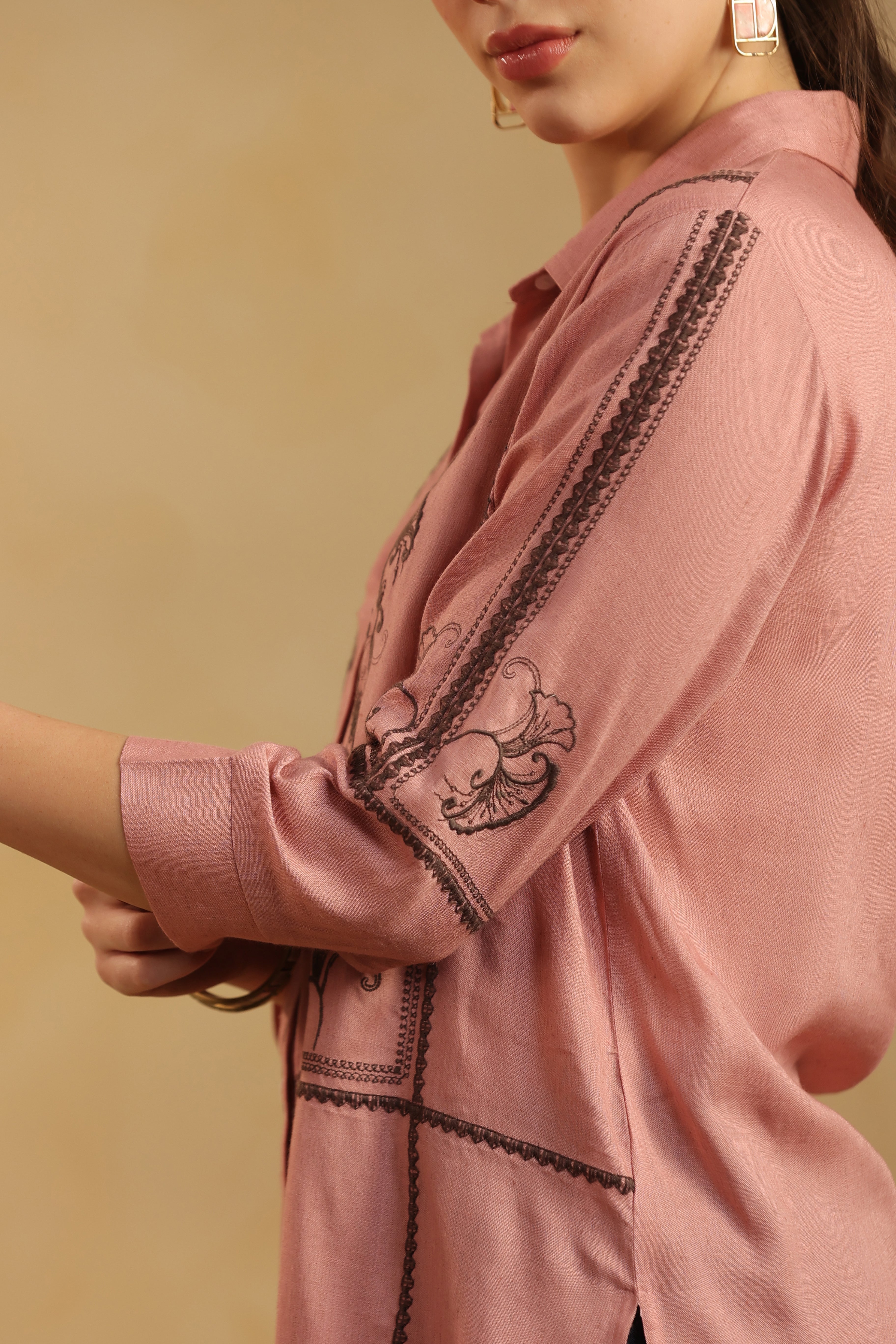 Dusty Pink Embroidered Cotton Linen Shirt Style Top for Women