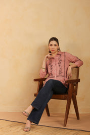 Dusty Pink Embroidered Cotton Linen Shirt Style Top for Women