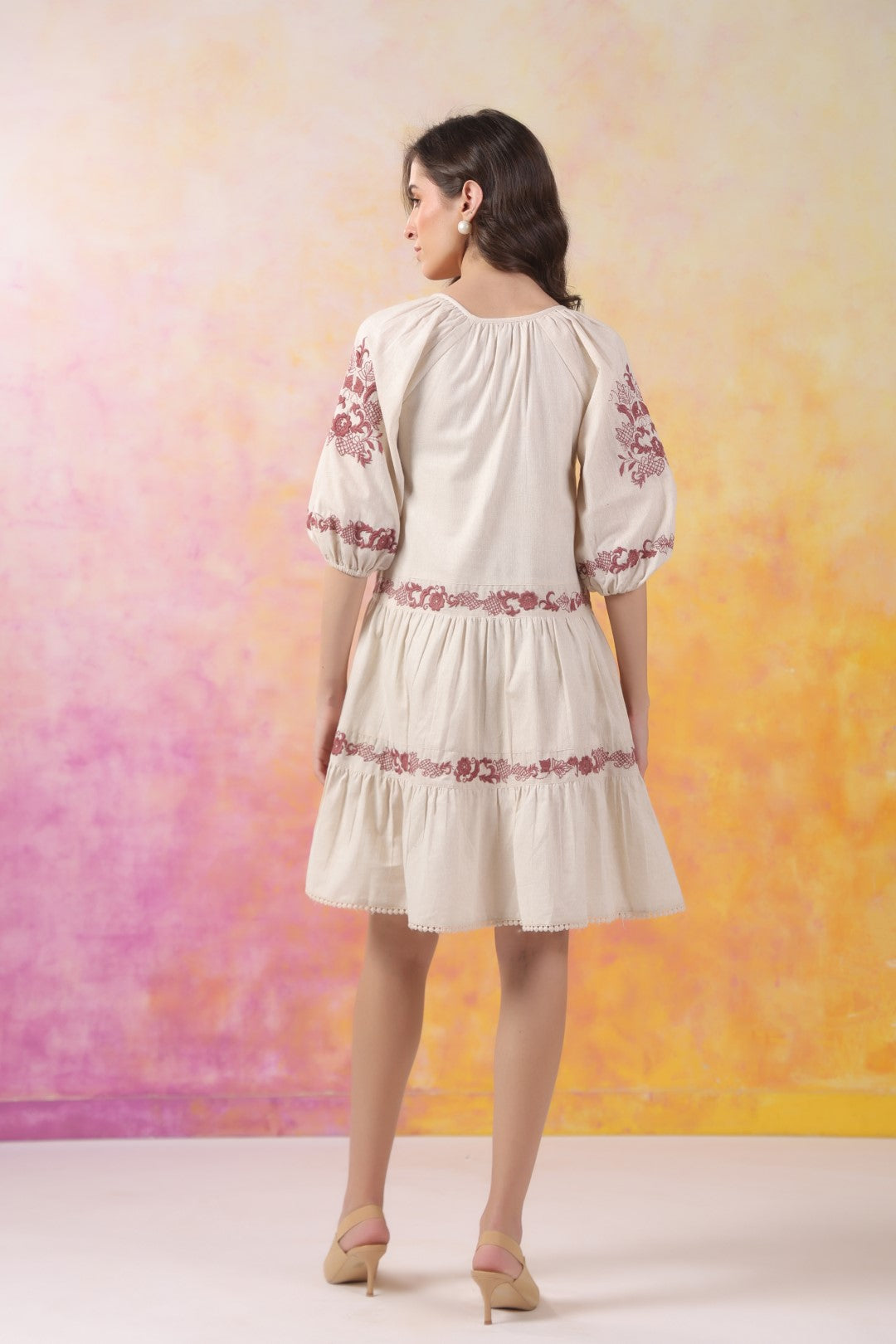 Nyaro Signature Ivory Cotton Flex Embroidered Tiered Dress