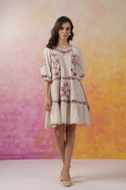 Nyaro Signature Ivory Cotton Flex Embroidered Tiered Dress