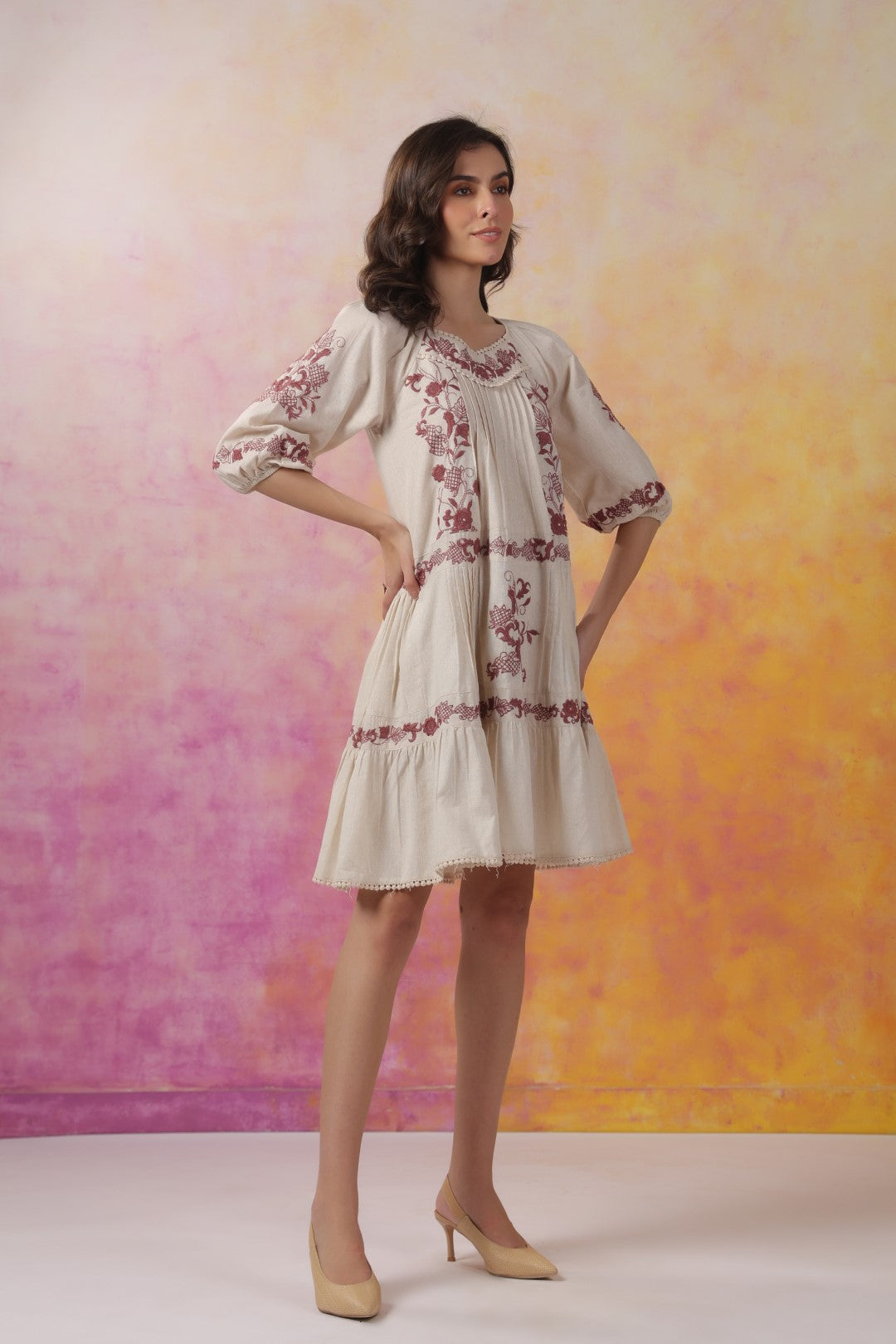 Nyaro Signature Ivory Cotton Flex Embroidered Tiered Dress