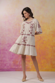 Nyaro Signature Ivory Cotton Flex Embroidered Tiered Dress