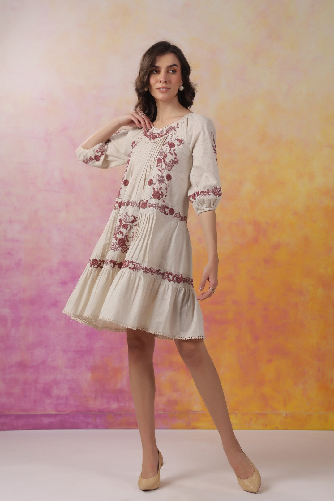 Nyaro Signature Ivory Cotton Flex Embroidered Tiered Dress