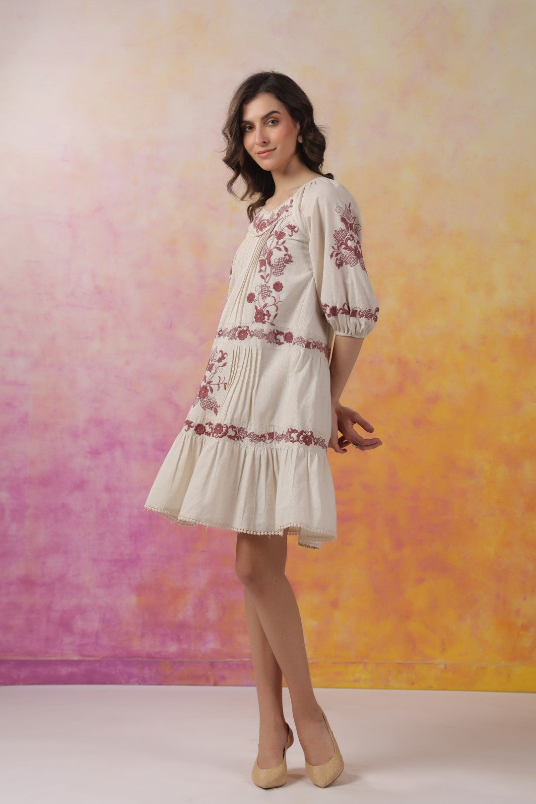 Nyaro Signature Ivory Cotton Flex Embroidered Tiered Dress