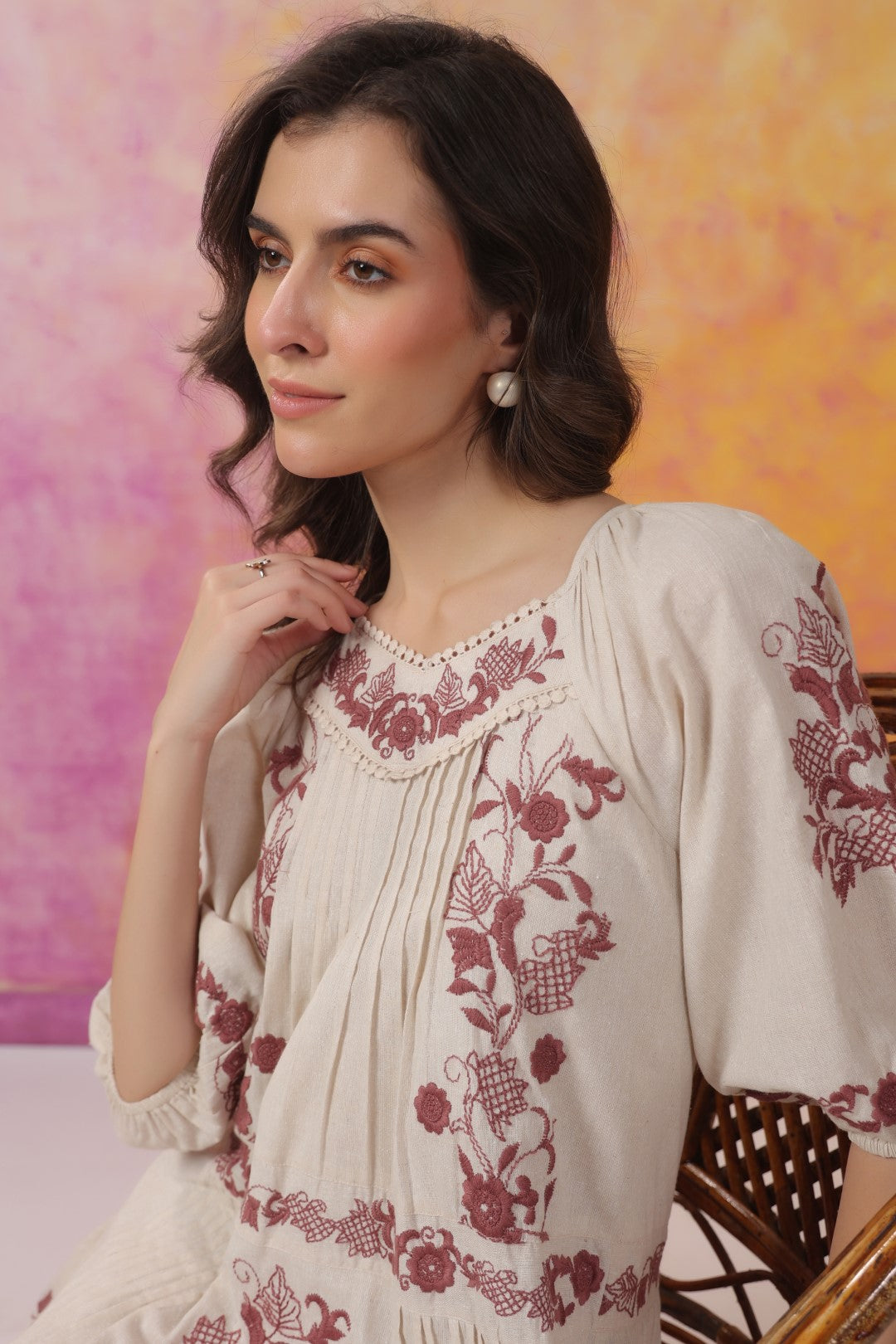 Nyaro Signature Ivory Cotton Flex Embroidered Tiered Dress