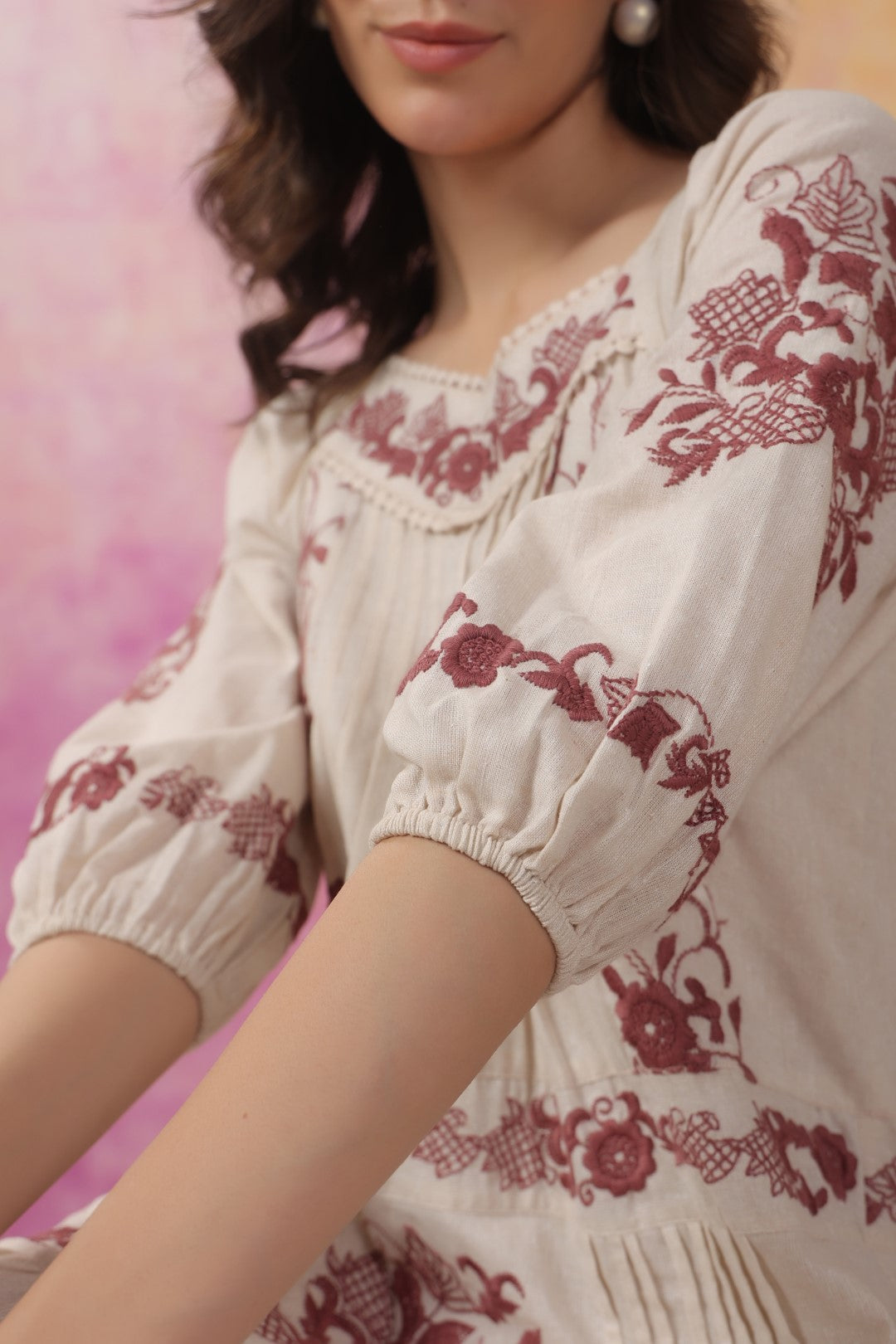 Nyaro Signature Ivory Cotton Flex Embroidered Tiered Dress