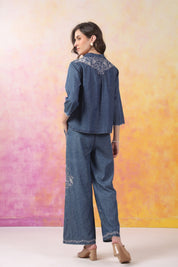 Women’s Denim Blue Color Embroidered Co-Ord Set: