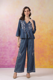 Women’s Denim Blue Color Embroidered Co-Ord Set: