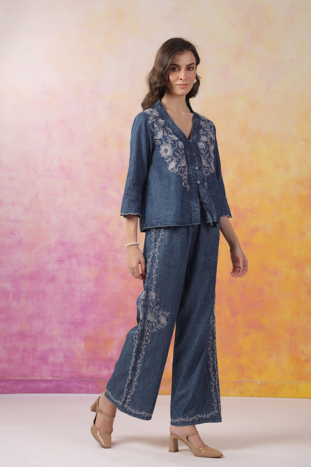 Women’s Denim Blue Color Embroidered Co-Ord Set: