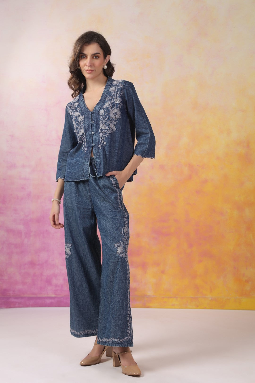 Women’s Denim Blue Color Embroidered Co-Ord Set: