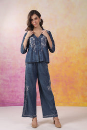 Women’s Denim Blue Color Embroidered Co-Ord Set:
